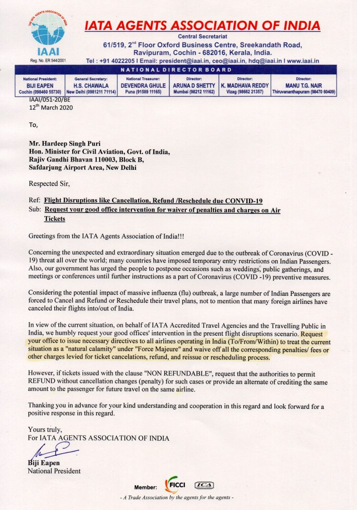 Letter to Minister- Civil Aviation 12th March 2020